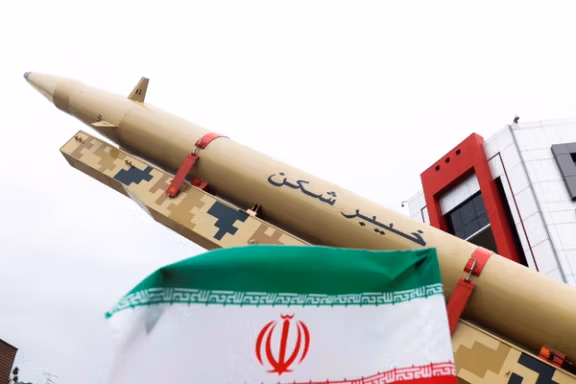 An Iranian ballistic missile on display in Tehran, in April 2022
