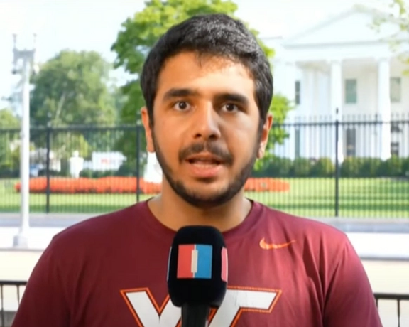 Darin Dalili, Shahab Dalili's son, speaking to Iran International about the date of his father during a sit-in outside the White House on August 11, 2023