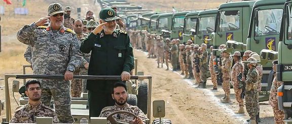 Revolutionary Guard's commander-in-chief Hossein Salami (in green) during a war game in 2022