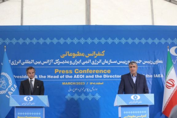 Head of Iran's Atomic Energy Organization Mohammad Eslami and International Atomic Energy Agency (IAEA) Director General Rafael Grossi attend a news conference, in Tehran, Iran, March 4, 2023.