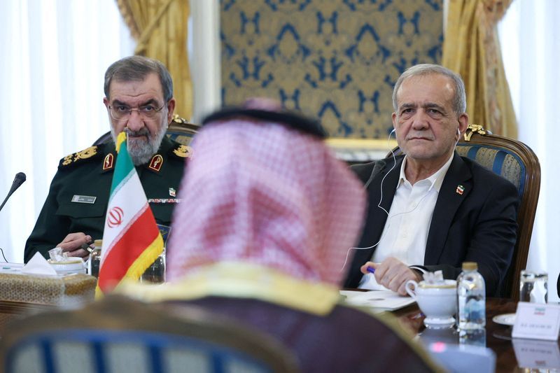 Iranian President Masoud Pezeshkian and Secretary of Iran's Supreme National Security Council Mohsen Rezaei during a meeting with chief of Defence Forces of Pakistan, Field Marshal Asim Munir, Saudi Arabia's Defence Minister Prince Khalid bin Salman and Turkish intelligence chief, Ibrahim Kalin in Tehran, Iran, October 26, 2026.