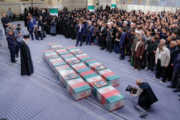 Iran's Supreme Leader Ali Khamenei looks at the coffins of members of the Islamic Revolutionary Guard Corps who were killed in the Israeli airstrike on the Iranian embassy complex in the Syrian capital Damascus, during a funeral ceremony in Tehran, Iran April 4, 2024.
