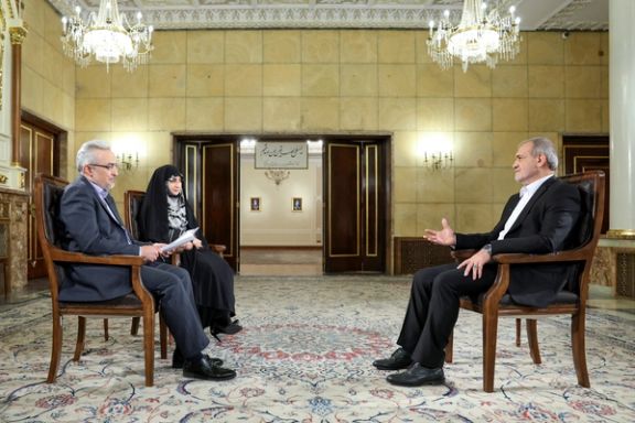 Iranian President Masoud Pezeshkian during an interview with state broadcaster on August 31, 2024