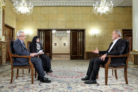 Iranian President Masoud Pezeshkian during an interview with state broadcaster on August 31, 2024