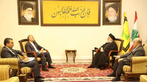 Lebanon's Hezbollah leader Sayyed Hassan Nasrallah meets with Iranian Foreign Minister Hossein Amirabdollahian in this handout picture released on October 13, 2023, Lebanon.