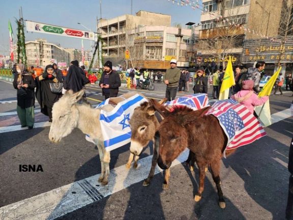 Donkeys draped with US, Israeli, and UK flags are displayed at a state-sponsored rally marking the anniversary of the 1979 Islamic Revolution in Iran, February 10, 2024