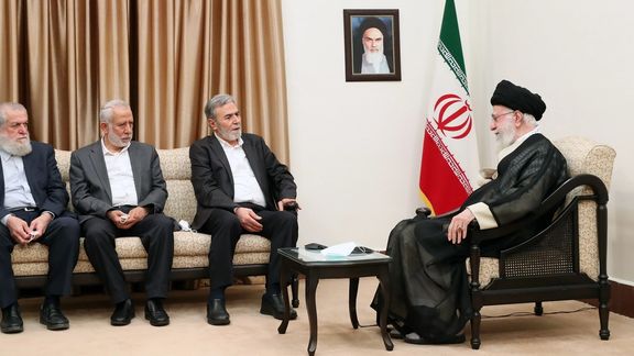 Secretary-General of the Palestinian Islamic Jihad resistance movement Ziad al-Nakhaleh (3rd from left) meets with Iran’s Supreme Leader Ali Khamenei in Tehran on June 14, 2023.