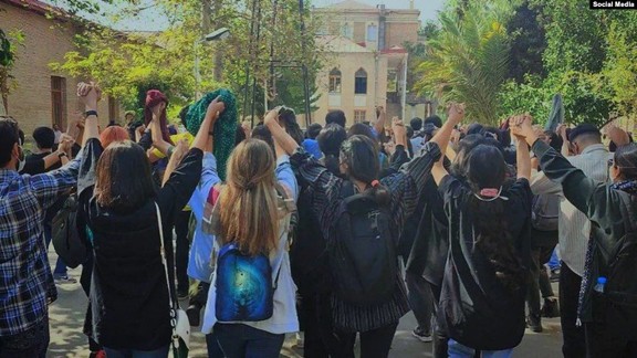 Students of the Art Faculty of University of Tehran unveiled at the campus to protest against mandatory hijab on October 18, 2022.