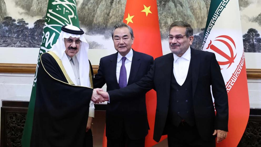 Wang Yi, China’s chief diplomat, Ali Shamkhani (R), Iran’s national security chief, and Saudi representative Musaad bin Mohammed Al Aiban in Beijing, March 10, 2023