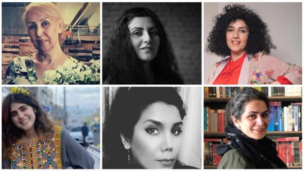 Imprisoned human rights activists (clockwise) Nasrin Javadi, Golrokh Iraee, Narges Mohammadi, Bahareh Hedayat, Zohreh Sarv, and Sepideh Gholian