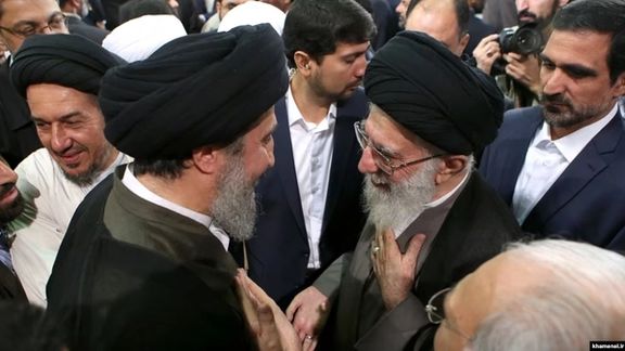Hameed al-Hussaini, the director Iraq’s section of the Islamic Radio and Television Union, and Iran’s Supreme Leader Ali Khamenei (right)