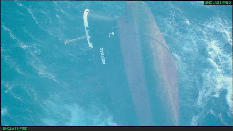 The UK-owned vessel Rubymar, which had sunk in the Red Sea after being struck by an anti-ship ballistic missile fired by Yemeni Houthi militants, is seen in this aerial view released on March 3, 2024. 