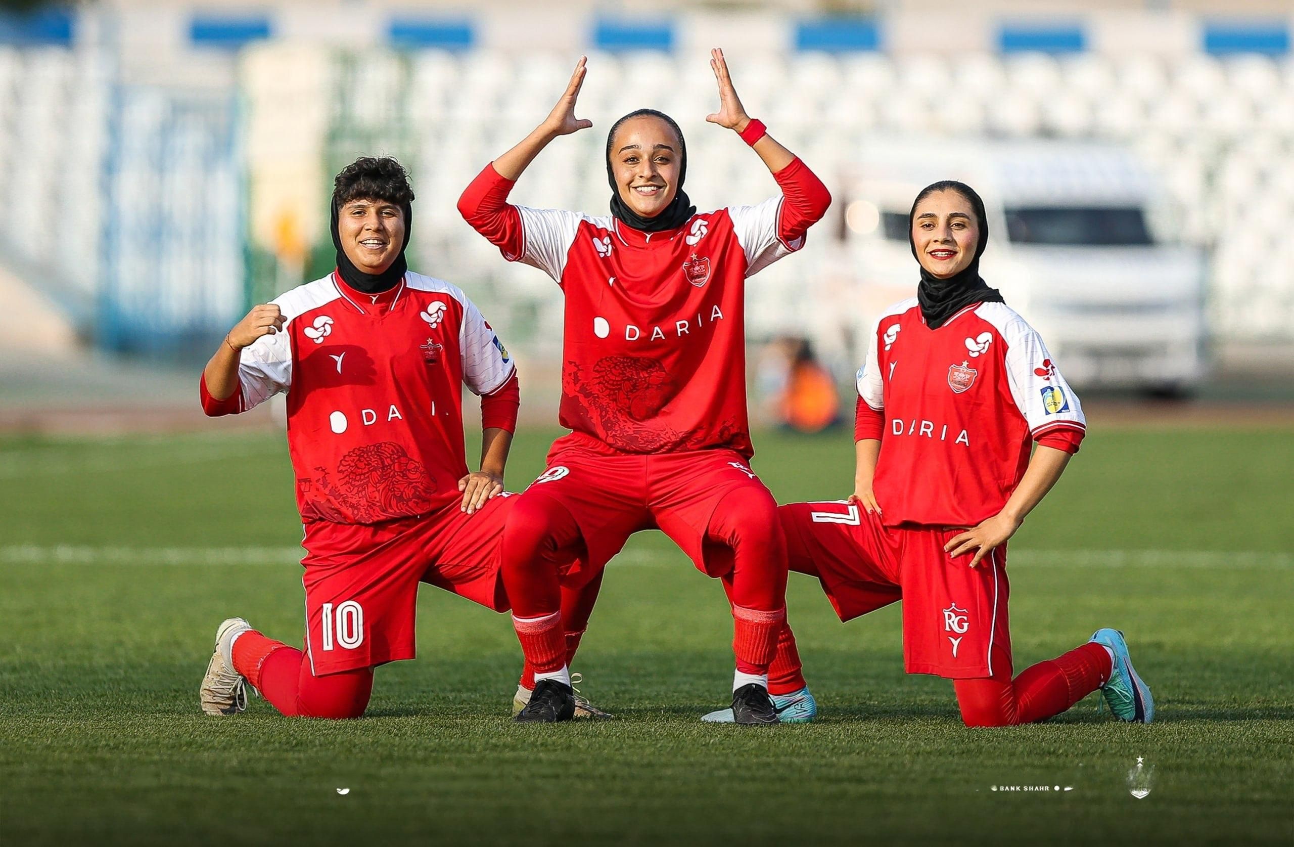 Persepolis players pose during their historic women's soccer derby against Esteghlal, which they won 2-1, west of Tehran, October 28, 2026.