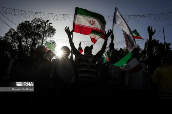 A scene of a regime-sponsored rally in celebration of Iran’s attacks against Israel, Tehran, April 2024