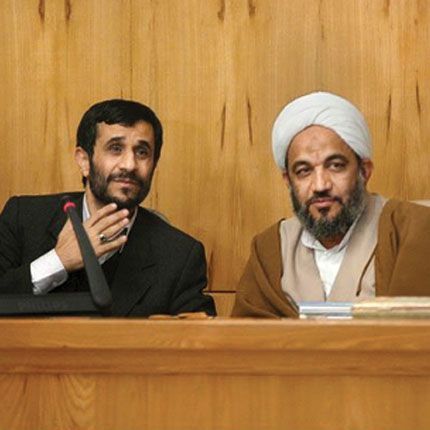 Former president Mahmoud Ahmadinejad (left) and Morteza Aghatehrani (undated)