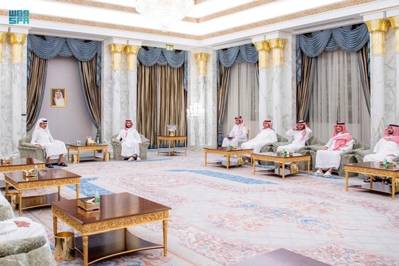 Saudi Crown Prince Mohammed bin Salman receives Qatar's Emir Sheikh Tamim bin Hamad Al Thani upon his arrival in Riyadh, Saudi Arabia, November, 10, 2023.