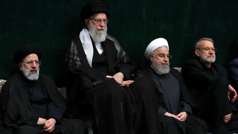 Presidents Ebrahim Raisi (left), Supreme Leader Ali Khamenei (2nd left), former president Hassan Rouhani and former parliament speaker Ali Larijani 