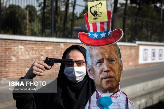 An Iranian student during a ceremony to celebrate the anniversary of Iran hostage crisis on November 4, 2021