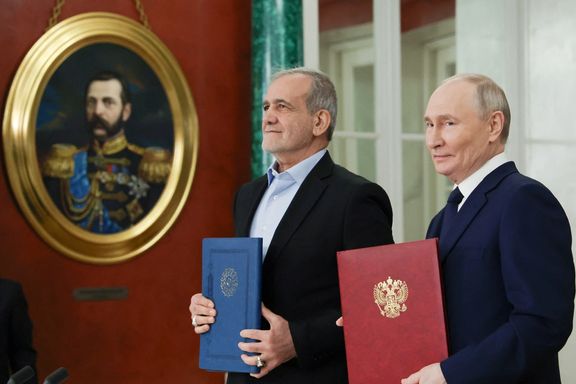 Russian President Vladimir Putin and Iranian President Masoud Pezeshkian attend a ceremony to sign an agreement of comprehensive strategic partnership between the two countries, at the Kremlin in Moscow, Russia January 17, 2025.