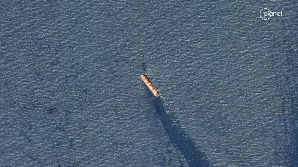 A satellite image shows the Belize-flagged and UK-owned cargo ship Rubymar, which was attacked by Yemen's Houthis on the Red Sea, February 20, 2024. 