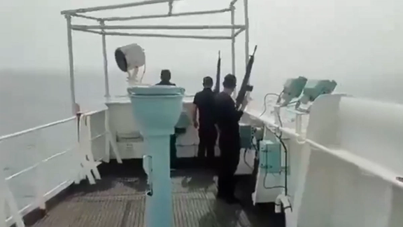 A screengrab of a video showing the moment Greek-owned M/V Tutor is hit by an unmanned surface vessel launched by Iran-backed Houthis in the Red Sea on June 12, 2024.