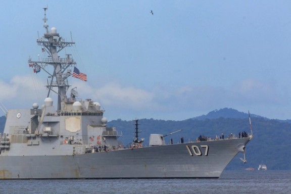 The US Navy destroyer USS Gravely (DDG-107) approaches Port of Spain for joint training with the Trinidad and Tobago Defence Force to strengthen regional security and military cooperation, as seen from Port of Spain, Trinidad and Tobago, October 26, 2025.