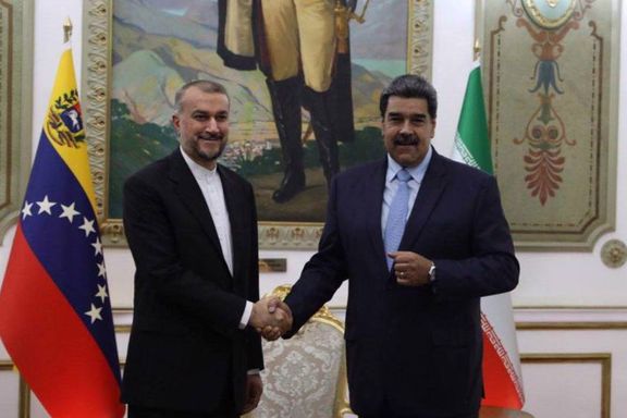 Iranian Foreign Minister Hossein Amir-Abdollahian (left) meets with Venezuelan President Nicolas Maduro in Caracas, Venezuela, on February 3, 2023.