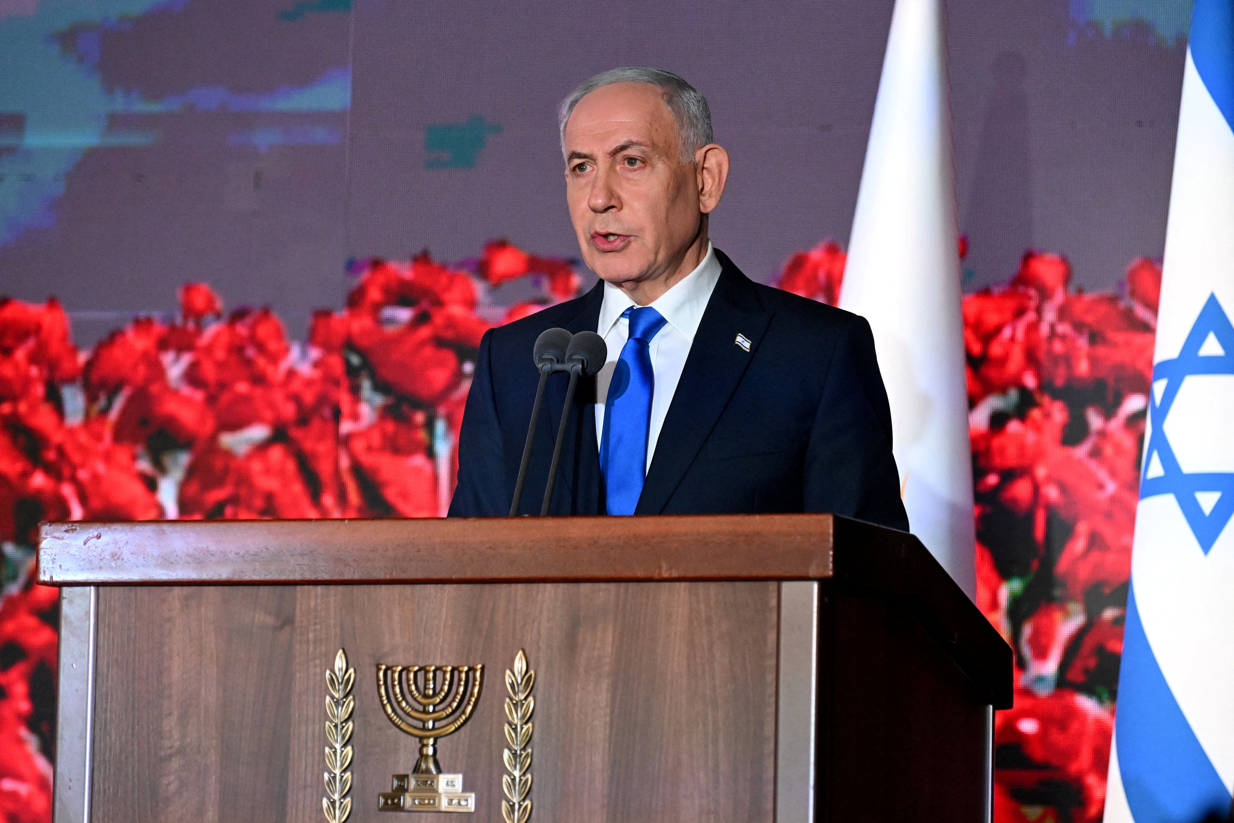 Israeli Prime Minister Benjamin Netanyahu speaks at the State Memorial Ceremony for the three year anniversary of the October 7, 2023, Hamas attack, on Monday, October 5, 2026.