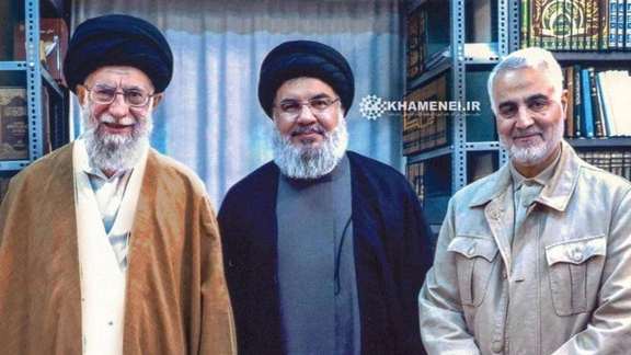 Hassan Nasrallah (C) with Iran's ruler Ali Khamenei and former IRGC commander Ghasem Soleimani. Undated