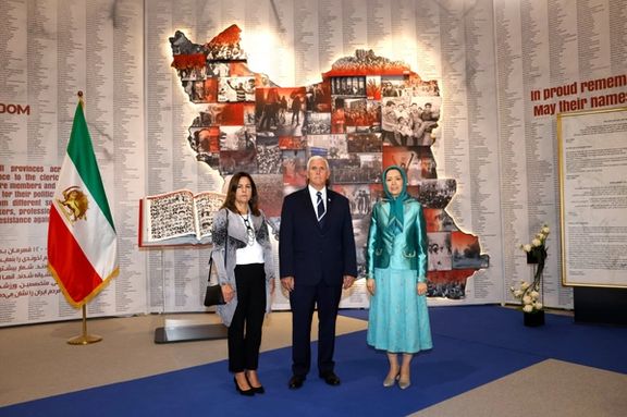 Former US Vice President Mike Pence and his wife after a meeting with MEK leader Maryam Rajavi (right)