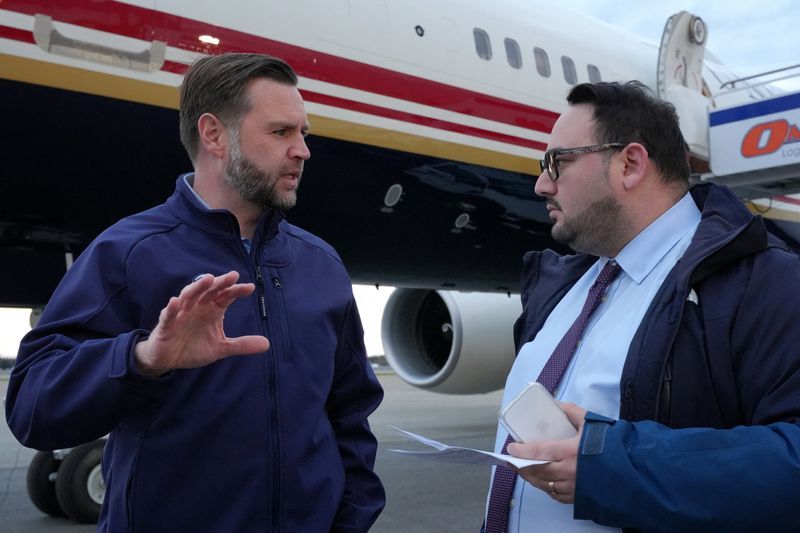 US Vice President JD Vance is interviewed by Reuters reporter Jacob Bogage before a campaign rally at Fairbanks International Airport in Fairbanks, Alaska, US, October 5, 2026.     Jacquelyn Martin/Pool via REUTERS