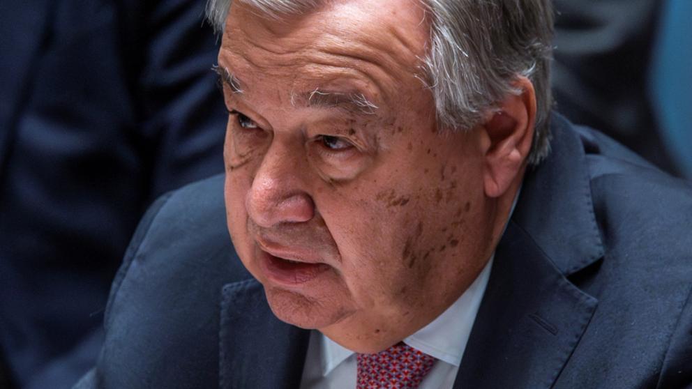 United Nations Secretary General Antonio Guterres speaks to members of Security Council as they attend a meeting on the situation in the Middle East at UN headquarters in New York City, New York, US, April 14, 2024.