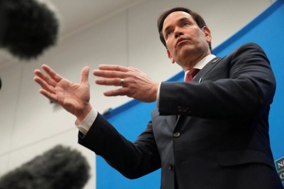 U.S. Secretary of State Marco Rubio talks to reporters at the NATO headquarters in Brussels, Belgium, April 4, 2025.