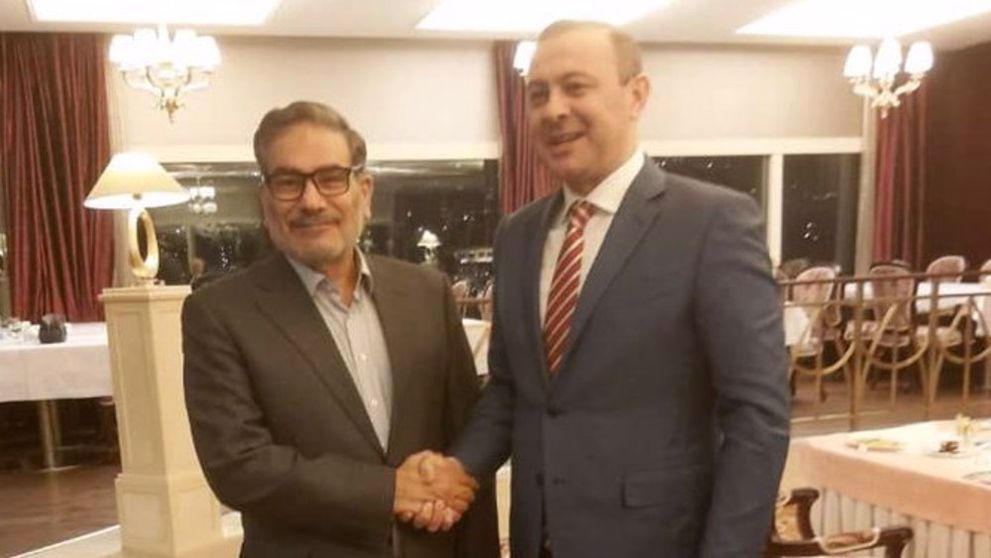 Secretary of Iran's Supreme National Security Council Ali Shamkhani (L) and his Armenian counterpart, Armen Grigoryan, in Tehran on April 9, 2023  