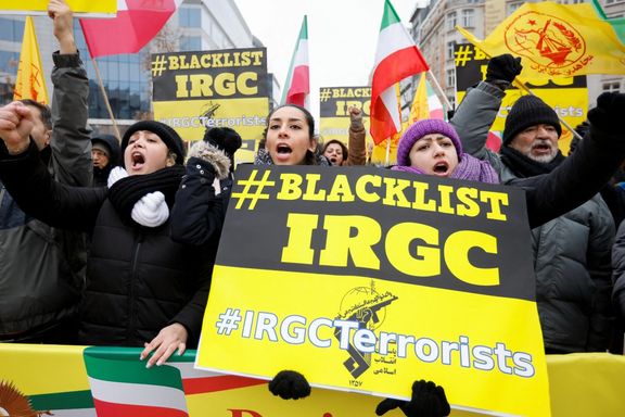 People rally against Iranian regime during a European Union (EU) Foreign Affairs council in Brussels, January 23, 2023