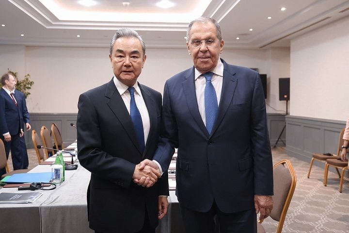 Russian Foreign Minister Sergei Lavrov meets Chinese Foreign Minister Wang Yi on the sidelines of the CICA summit in Baku, Azerbaijan, October 14, 2026. Russian Foreign Ministry/Handout via Reuters
