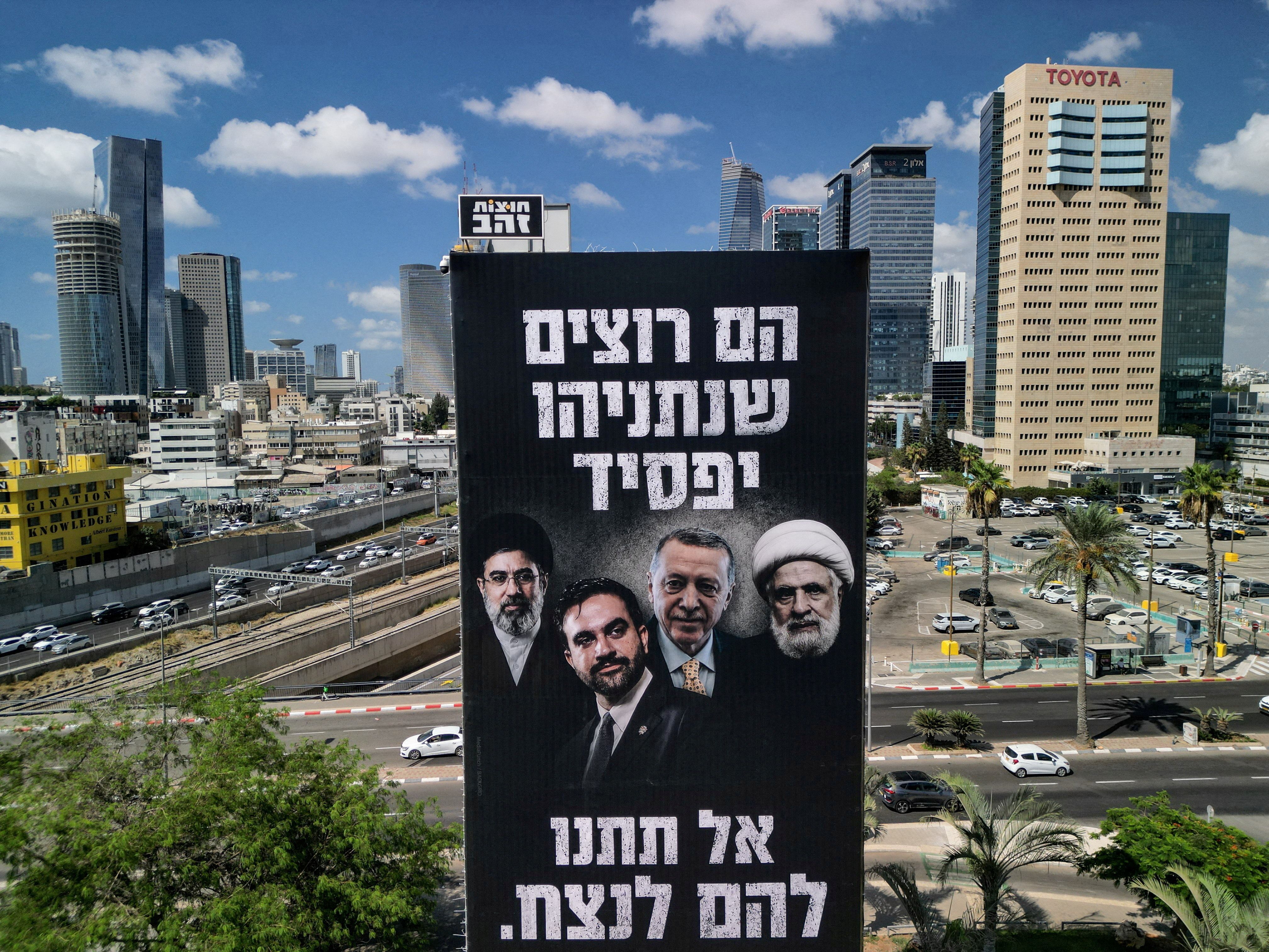  A drone view of an election billboard by Benjamin Netanyahu's Likud Party depicting Iran's Supreme Leader Mojtaba Khamenei, New York City Mayor Zohran Mamdani, Turkish President Tayyip Erdogan and Hezbollah chief Naim Qassem and a text in Hebrew that reads "They Want Netanyahu to Lose, Don't let them Win", in Tel Aviv, Israel August 17, 2026