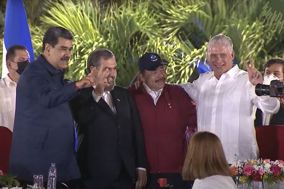 Mohsen Rezaei (2nd L) with Venezuela's Maduro and Ortega in the ceremony on Monday, January 10, 2021