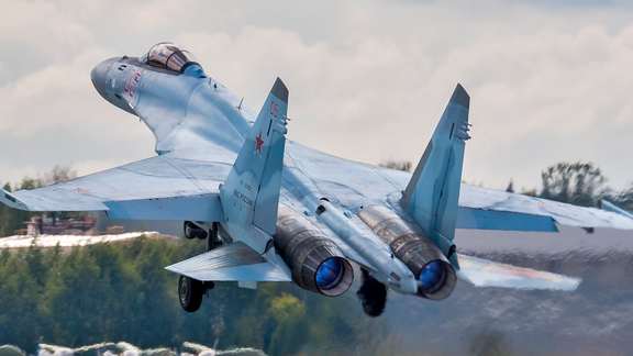 A Russian Aerospace Forces Su-35S during a standard takeoff procedure