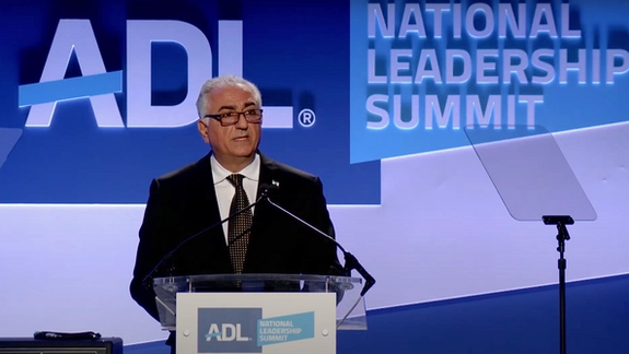 Iran’s exiled prince Reza Pahlavi delivering a speech at the Anti-Defamation League’s ceremony to celebrate Israel's 75th birthday on April 30, 2023