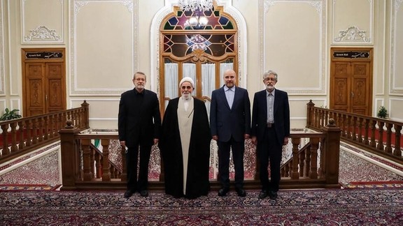 Former parliament speakers Ali Larijani (left), Ali Akbar Nategh-Nouri (2nd left), Gholam-Ali Haddad-Adel (right) and incumbent Mohammad-Bagher Ghalibaf during a meeting in April 2023