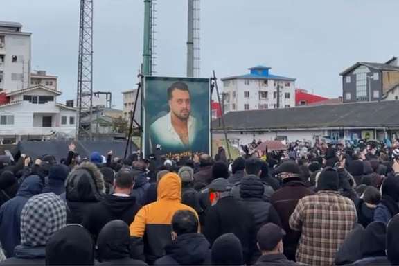 A mourning ceremony for 27-year-old Mehran Samak, who was hit in the head in the city of BandarAnzali with a bullet and died at the hospital on November 30, 2022
