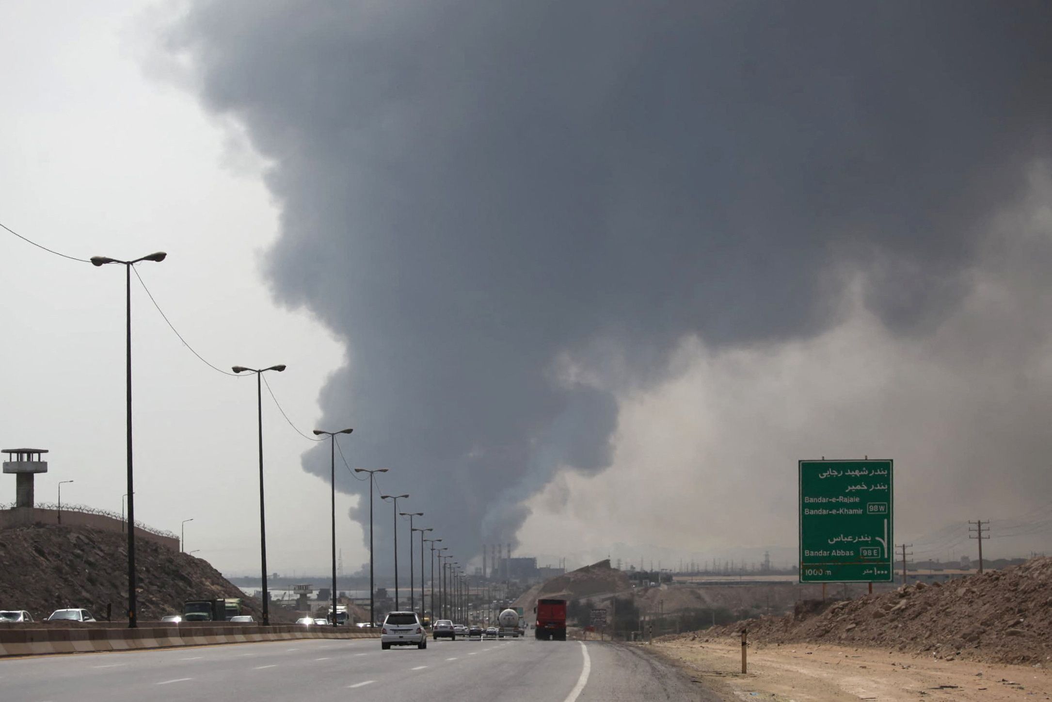 Smoke from the explosion is seen at the Shahid Rajaee port in Bandar Abbas, Iran, April 26, 2025.