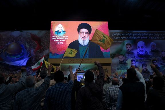 Lebanon's Hezbollah leader Sayyed Hassan Nasrallah gives a televised address to mark one week since a suspected Israeli strike on Iran's consulate in Damascus that killed several Iranian Quds Force figures, including a top commander, in Beirut's southern suburbs, Lebanon April 8, 2024.