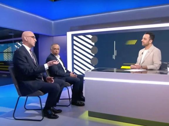 Iran Internal television directors Mehdi Parpanchi (L) and Aliasghar Ramezanpour with Pouria Zeraati during his TV show on April 5, 2024