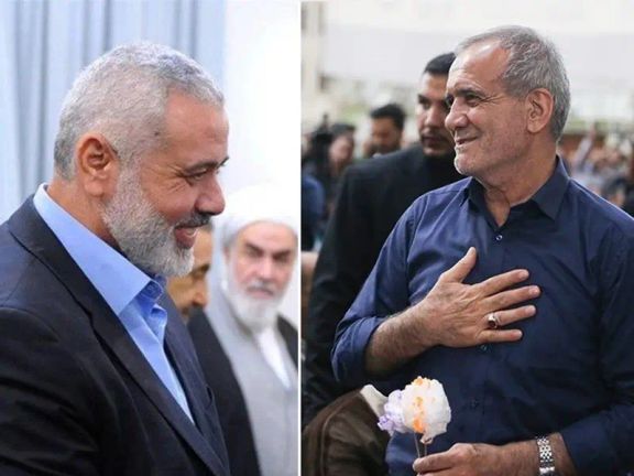 Iran's President-elect Masoud Pezeshkian (R) and Hamas leader Ismail Haniyeh (L)
