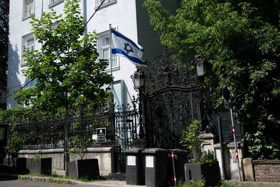 An Israeli flag flutters at their embassy in Vienna, Austria, June 13, 2025.