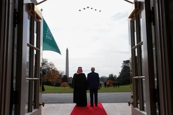 US President Donald Trump (right) receives Saudi Crown Prince Mohammed bin Salman at the White House.jpg