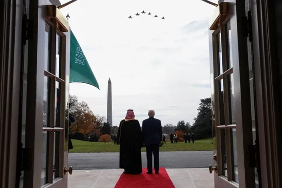 US President Donald Trump (right) receives Saudi Crown Prince Mohammed bin Salman at the White House.jpg