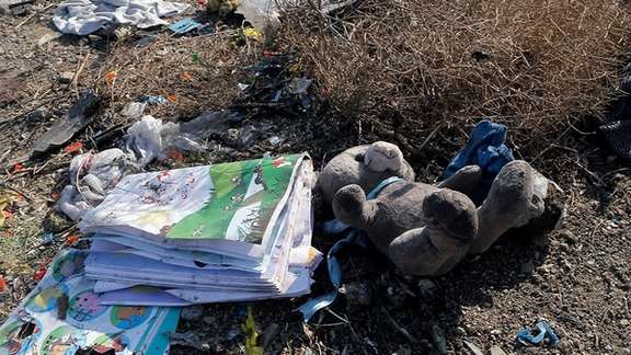 A toy and children's books in the aftermath of Iran's downing of an airliner. January 8, 2020